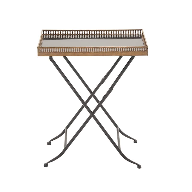 Metal Accent Table with Black Marble Tray Top and Metal Folding Legs - Brass - Roche River Decor