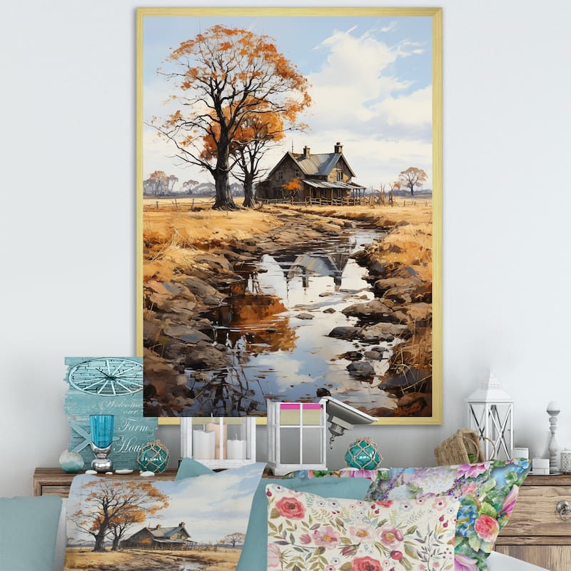 Designart "Farmhouse Rustic Retreat I" Countryside Framed Canvas Art Print - 34 in. wide x 44 in. high - Gold