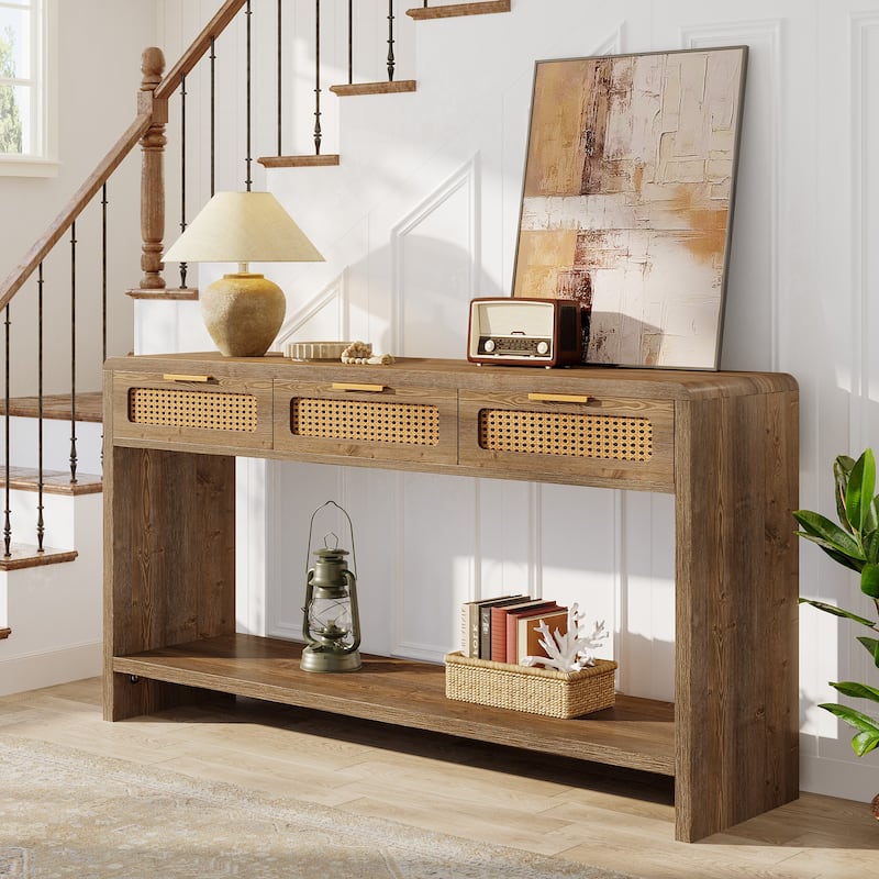 55" Narrow Console Sofa Table with 3 Rattan Drawers and 2-tier Storage Shelf - 13.78" D x 55.12" W x 32.68" H