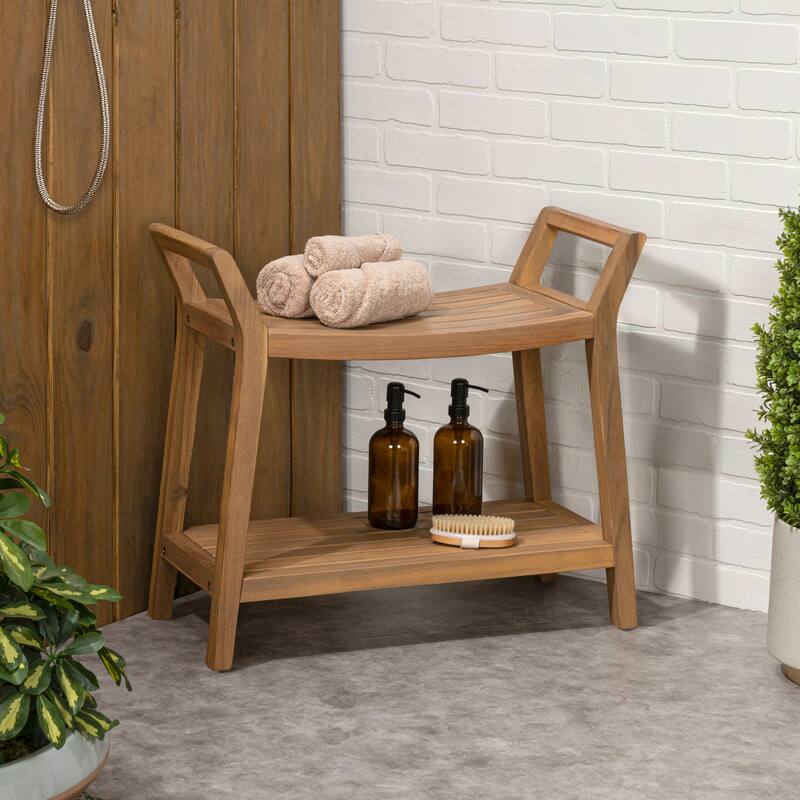 Orla 25.6" Slatted Solid Acacia Wood Indoor/Outdoor Shower Bench, Shelf, Handle, By JONATHAN Y - 25.59L x 12.01W x 23.03H