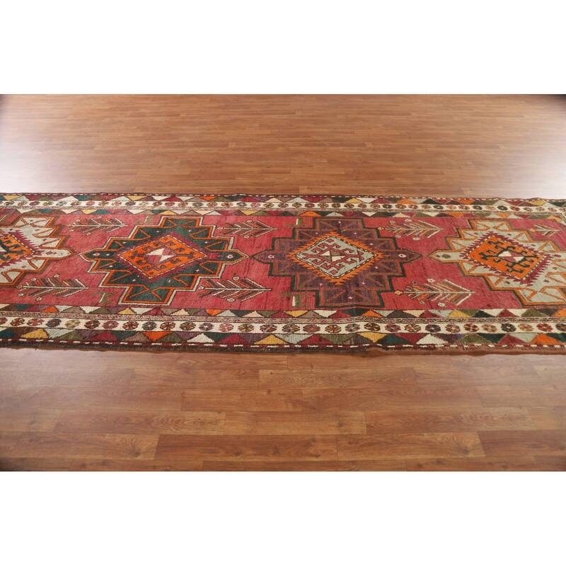 Hamedan Persian Vintage Runner Rug Handmade Wool Carpet - 3'10"x 11'9"