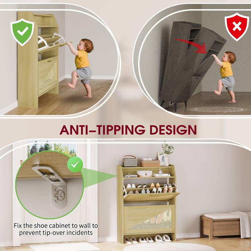 Rossetta Boho Chic 5-Flip Drawers Wooden Narrow Shoe Rack Organizer Cabinet with Visual Top Shelf