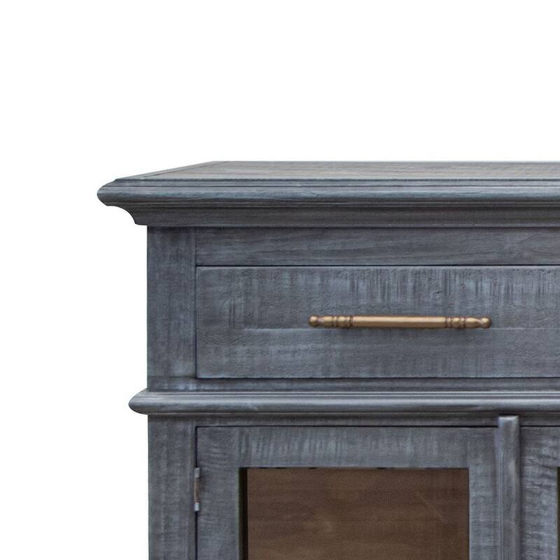 71 Inch Sideboard Console Table, 3 Drawers, 4 Glass Doors, Pine Wood, Blue