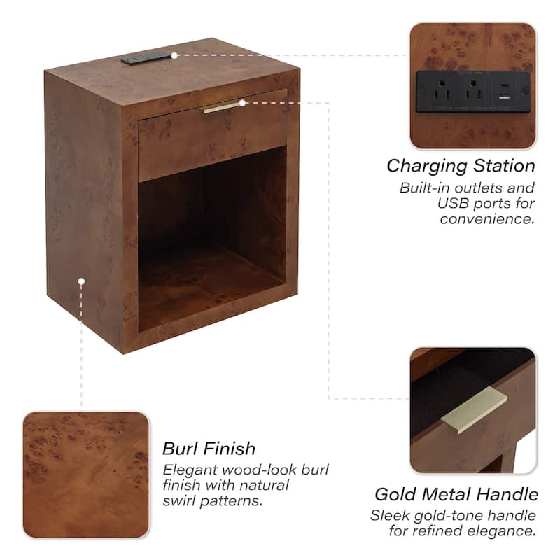 COZAYH Burl Finish Nightstand, Rustic Farmhouse Dresser, Vintage Accent Wood Storage Bedside Table, Fully Assembled