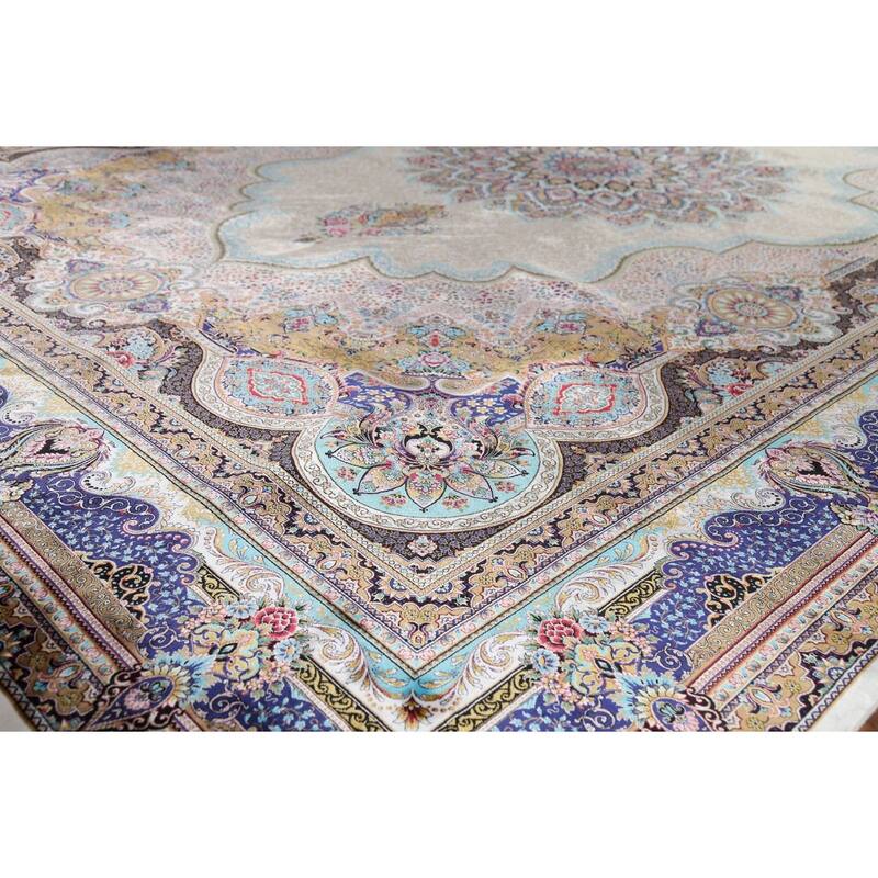 Victorian Style Qum Turkish Area Rug Beige Machine Made Carpet - 7'8" x 11'1"