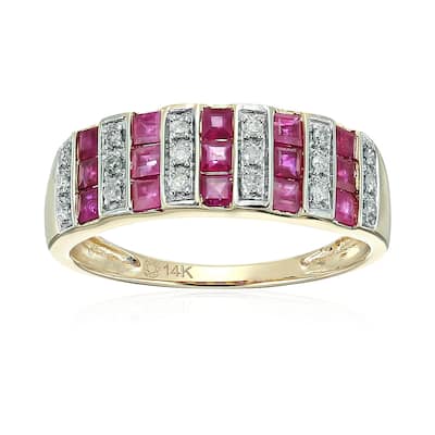 14k Yellow Gold Ruby and Diamond Wedding Band, Size 7