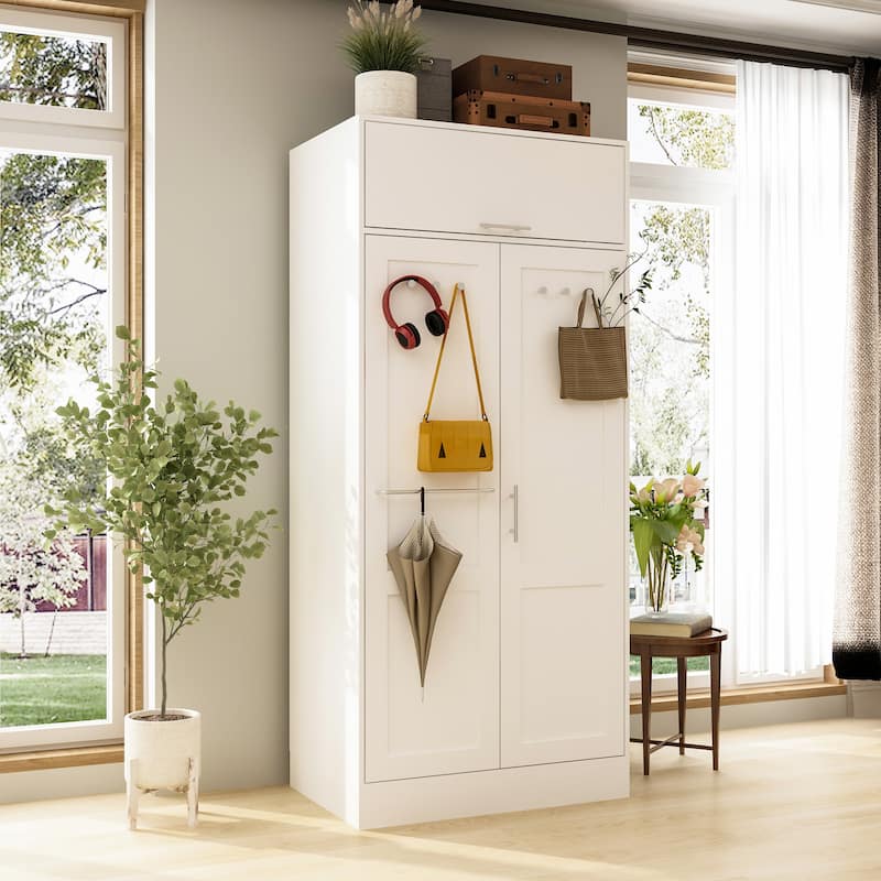 White Modern Entryway Storage Cabinet with Hooks and Hanging Rod