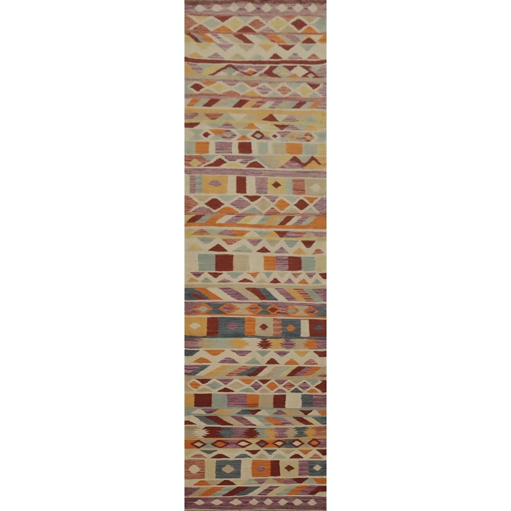 Hand Woven Oriental 100% Wool Carpet Southwestern Modern Multi-Colored Kilim Runner Rug - 12' 2'' X 2' 7''