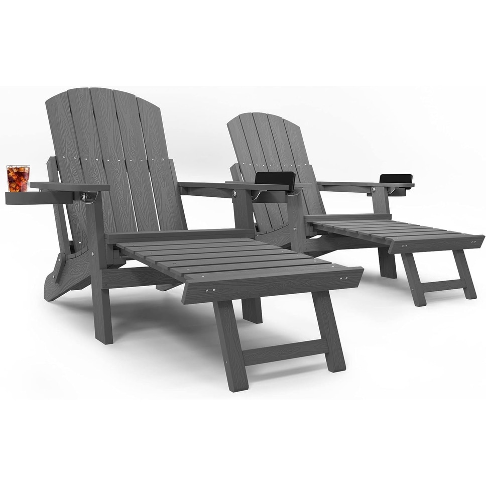 Folding Adirondack Chair Adjustable Backrest Chairs with Retractable Ottoman Set of 2