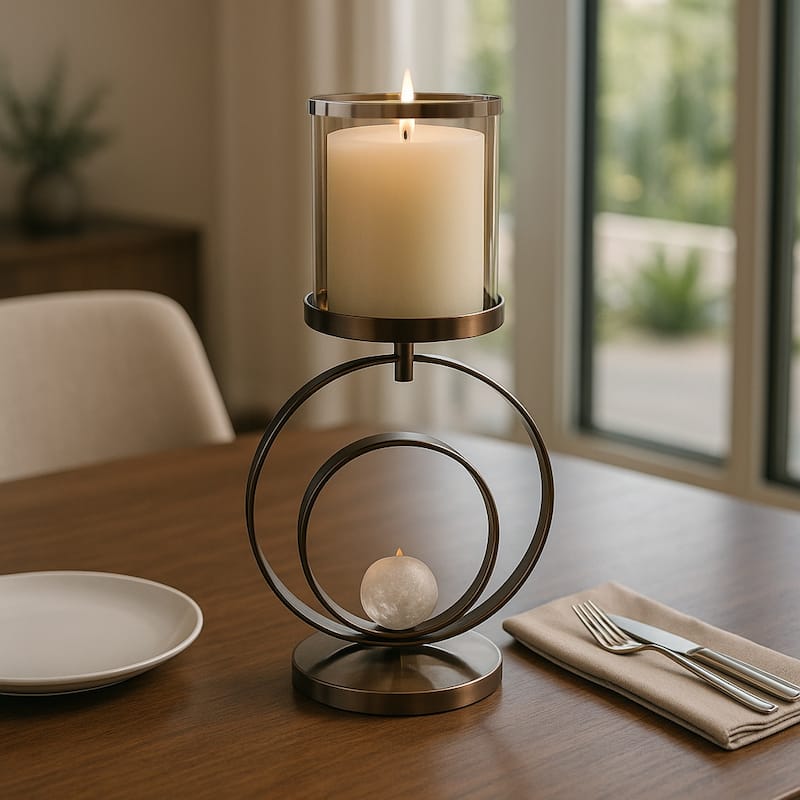 Metal Candle Hurricane Holder Modern Small Sphere Double Ring Base - 11.5" x 7" x 22"