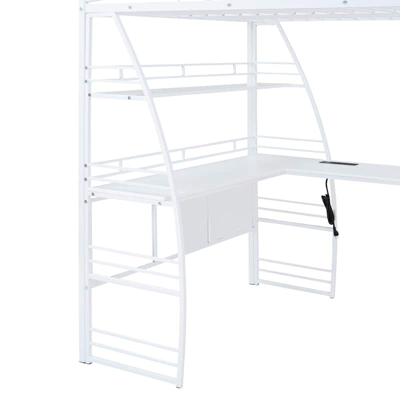 Metal Loft Bed Frame, Under Bed with 4 Layers of Shelves & L-shaped Desk, Desktop with Sockets, USB Ports, Wireless Charging