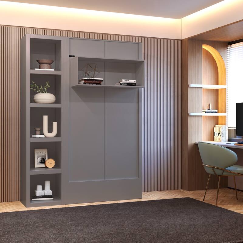 Easy-Lift Twin Murphy Wall Bed in with Bookshelf