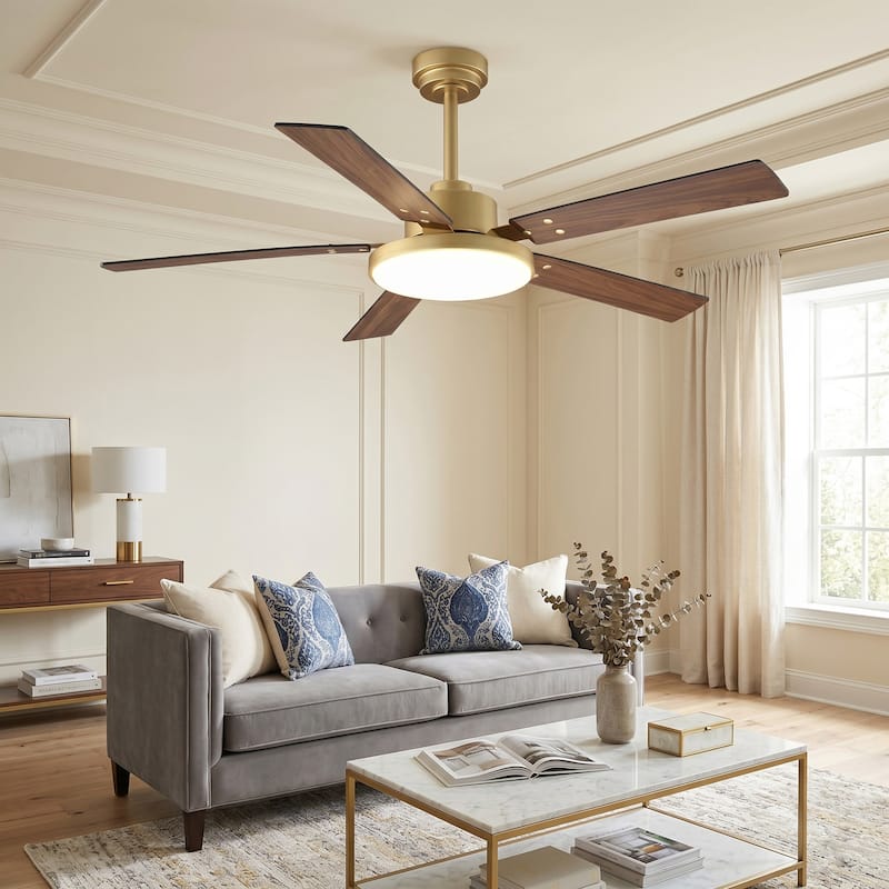 52" Antique Brass Wooden 5-Blade Modern Smart Ceiling Fan with Light and Remote, APP Control