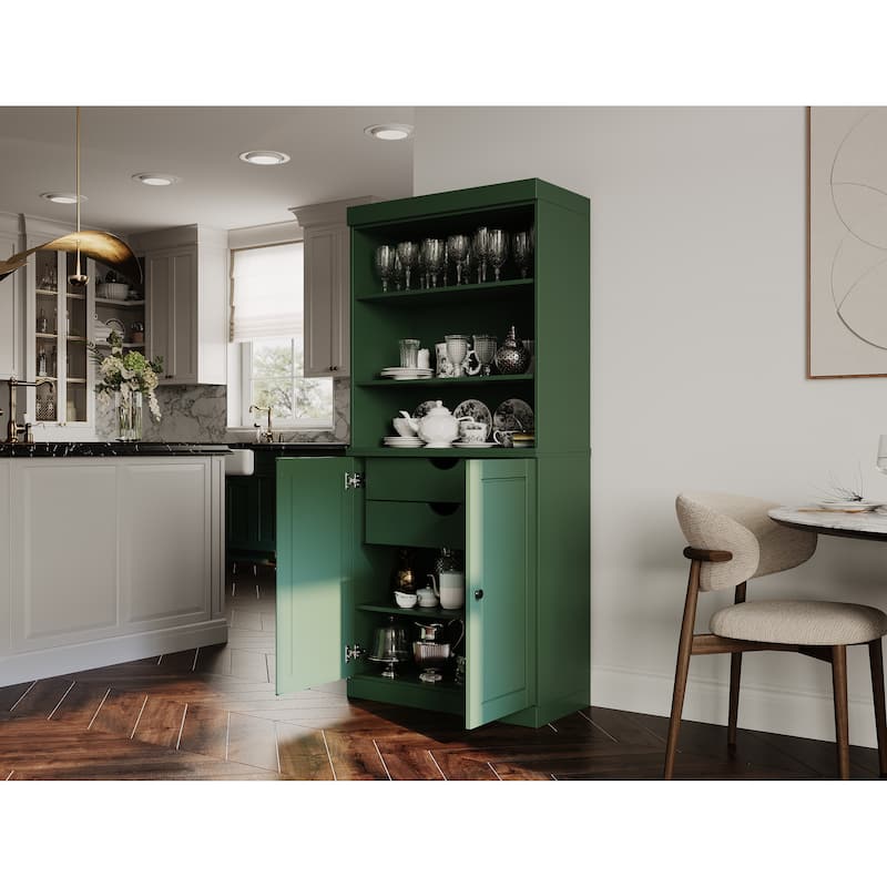 100% Solid Wood Kitchen Pantry Cabinet with 2 Clear Glass or Solid Wood Doors and 2-Drawer Organizer by Palace Imports - Green - Solid