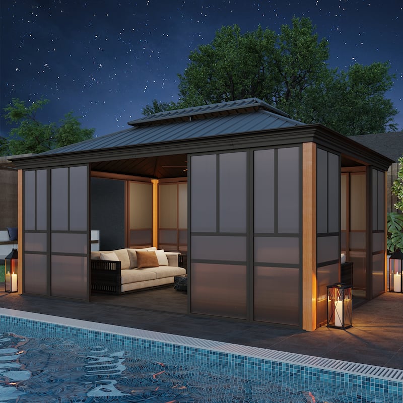 Erommy Outdoor Solarium Sunroom, Patio Hardtop Gazebo, Aluminum Frame Permanent Gazebo with Sliding Doors and Screens