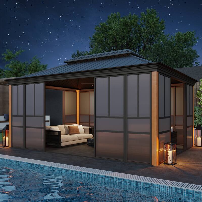 Outdoor Solarium Sunroom,Patio Hardtop Gazebo,All-Season Aluminum Patio Gazebo with with Sliding Doors and Screens