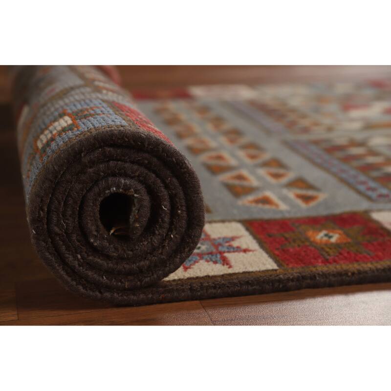 Hand Knotted Oriental 100% Wool Carpet Traditional Tribal Greys & Charcoal Heriz (serapi) Runner Rug - 9' 9'' X 3' 10''