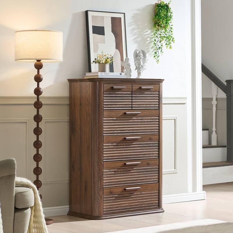 Mid-Century Modern 6 Drawers/7 Drawers Dresser for Bedroom, Tall Dresser & Chest of Drawers with Curved Profile Design