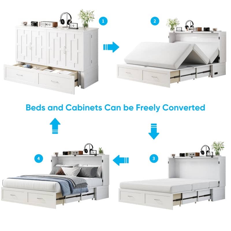 Mixoy Queen Modern Murphy Bed Chest with Mattress,Storage Drawer,Charging Station