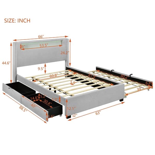 LED Platform Bed Queen Bed Frame with Twin XL Size Trundle and 2 Drawers Underneath, Wood Slat Support, Grey Teddy Fleece