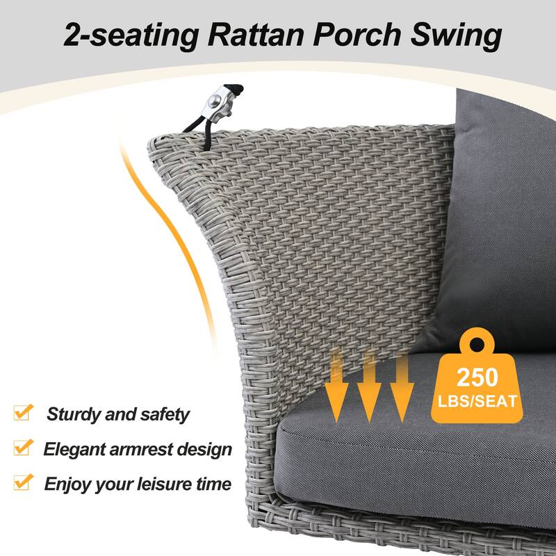 All-Weather Woven Swing Chair for Two, Outdoor Hanging Chair with Adjustable Ropes & Waterproof Cushions
