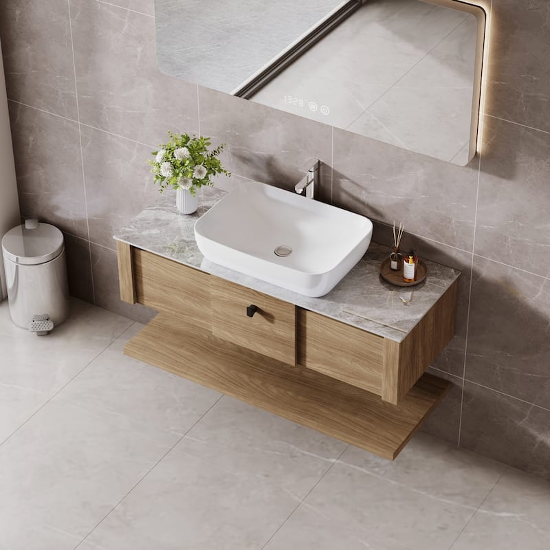 48"Mid Century Modern Wall-Mounted Bathroom Vanities,Single Sink,Brown Wood Texture with Sintered Stone Table top