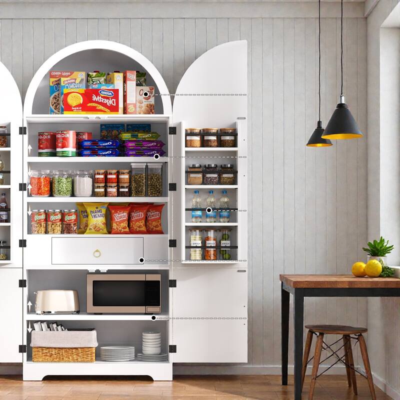 72" Tall Arched Pantry Cabinet with Fluted Doors, 8 Door Shelves, Hidden Drawer and Adjustable Shelves for Kitchen