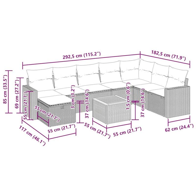 vidaXL Patio Sofa Set with Cushions Outdoor Furniture 9 Piece Poly Rattan - 21.7 x 24.4 x 27.2