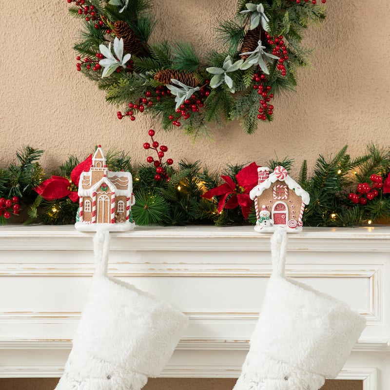 Glitzhome 7.75"H Set of 2 Resin Gingerbread House Stocking Holders with Stockings