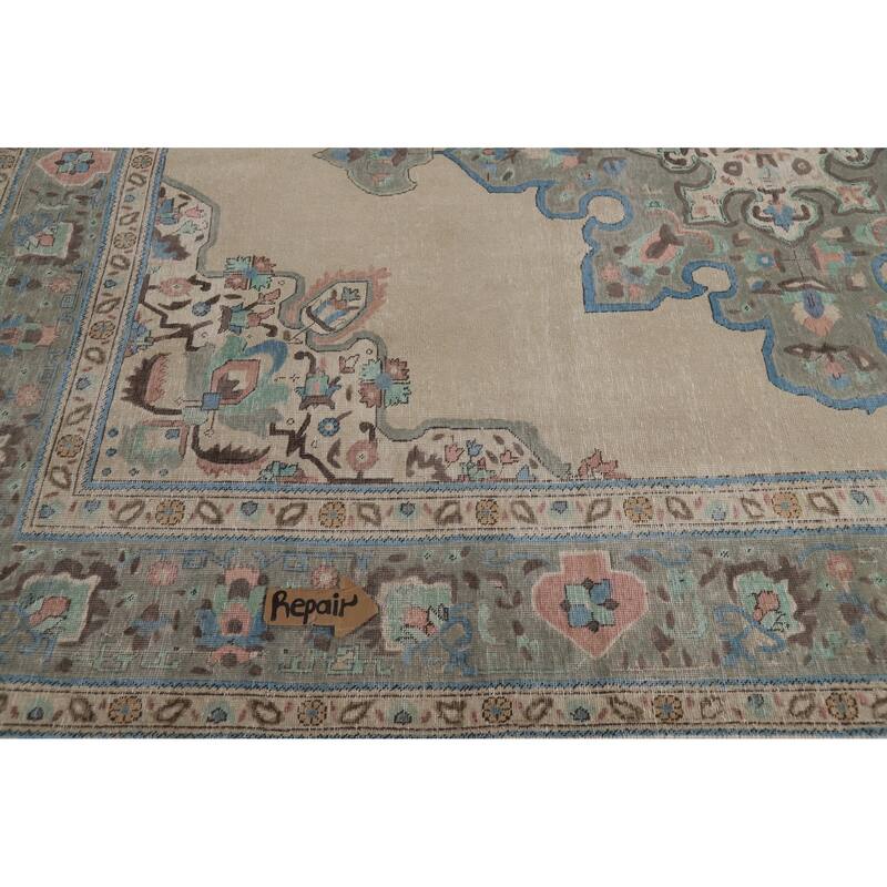 Geometric Beige Tabriz Persian Vintage Rug Hand-Knotted Wool Carpet - 8'3" x 11'0"
