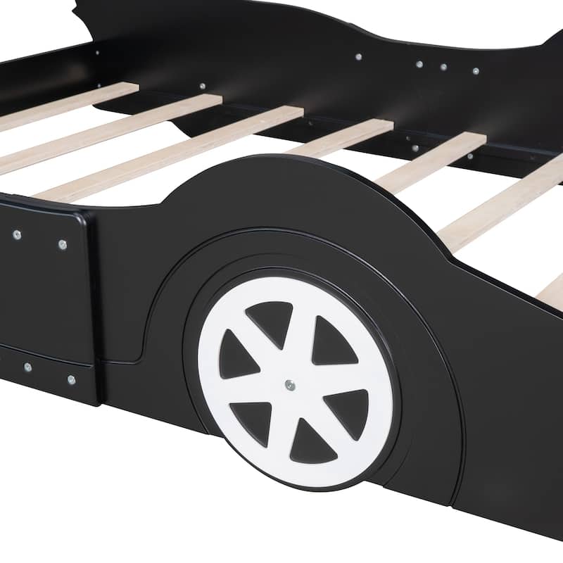 Full Size Race Car Bed with Four Wheels, Wood Platform Bed with Support
