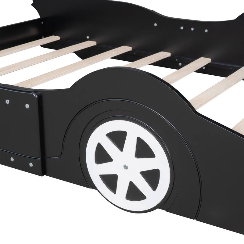 Full Size Race Car Platform Bed with Wheels in Black