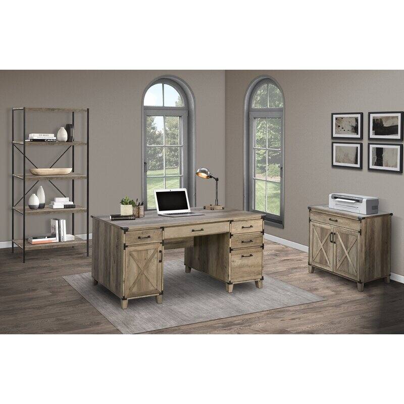 Oxford 59" Rustic Oak Wooden Farmhouse Executive Desk