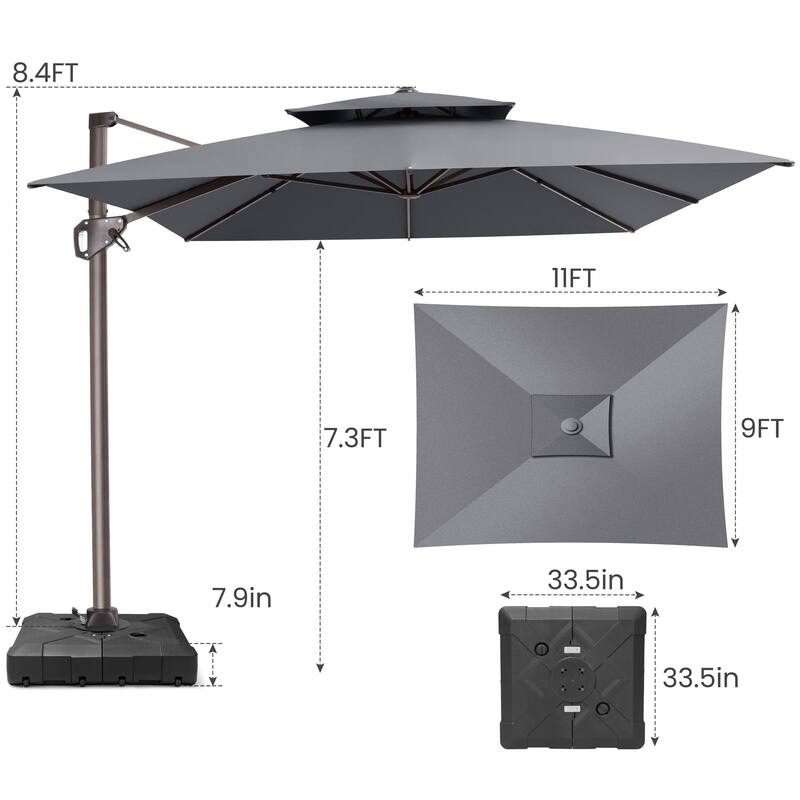 11 × 9 ft Outdoor Patio Cantilever Offset Dual Top Umbrella with Base