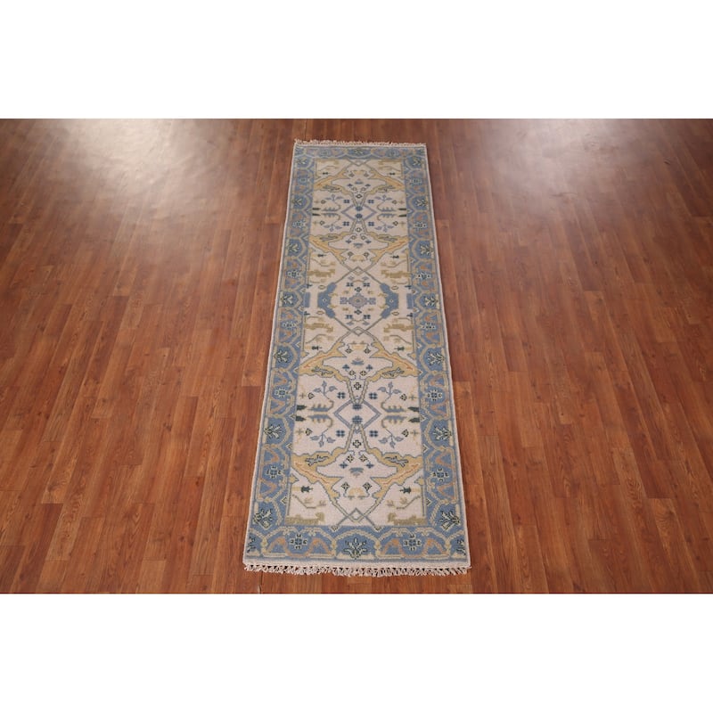 Ivory & Blue Oushak Oriental Runner Rug Handmade Wool Carpet - 2'6"x 7'9"