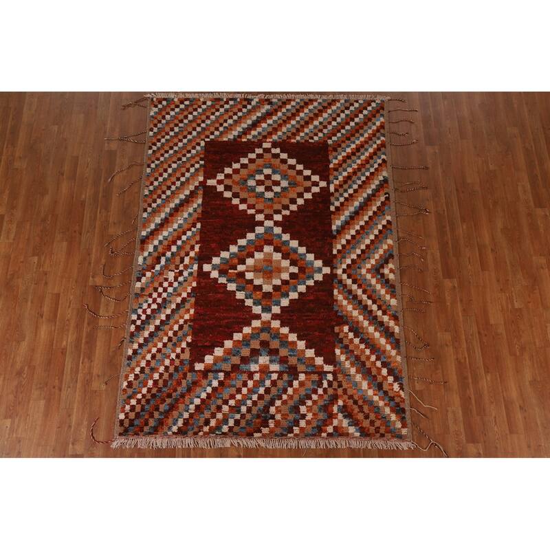 Hand Knotted Oriental 100% Wool Carpet Modern Geometric Red Moroccan Area Rug - 7' 9'' X 5' 6''