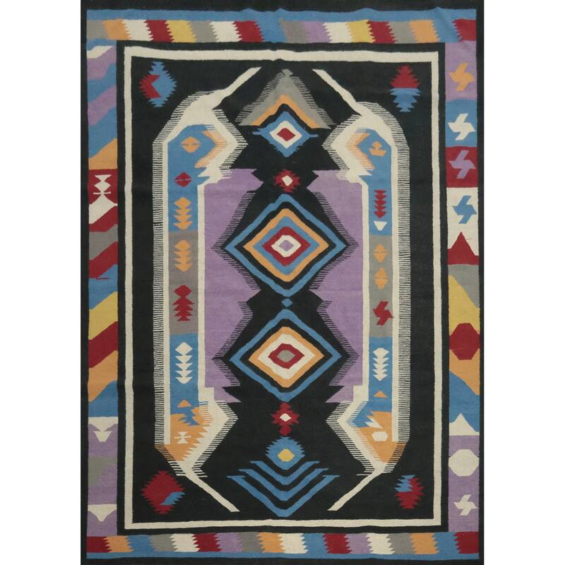 Hand Woven Oriental 100% Wool Carpet Southwestern Tribal Black Kilim Area Rug - 9' 11'' X 8' 6''