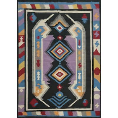 Hand Woven Oriental 100% Wool Carpet Southwestern Tribal Black Kilim Area Rug - 9' 11'' X 8' 6''