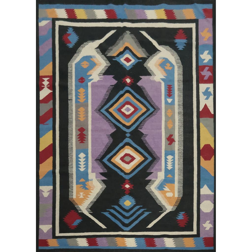 Hand Woven Oriental 100% Wool Carpet Southwestern Tribal Black Kilim Area Rug - 9' 11'' X 8' 6''
