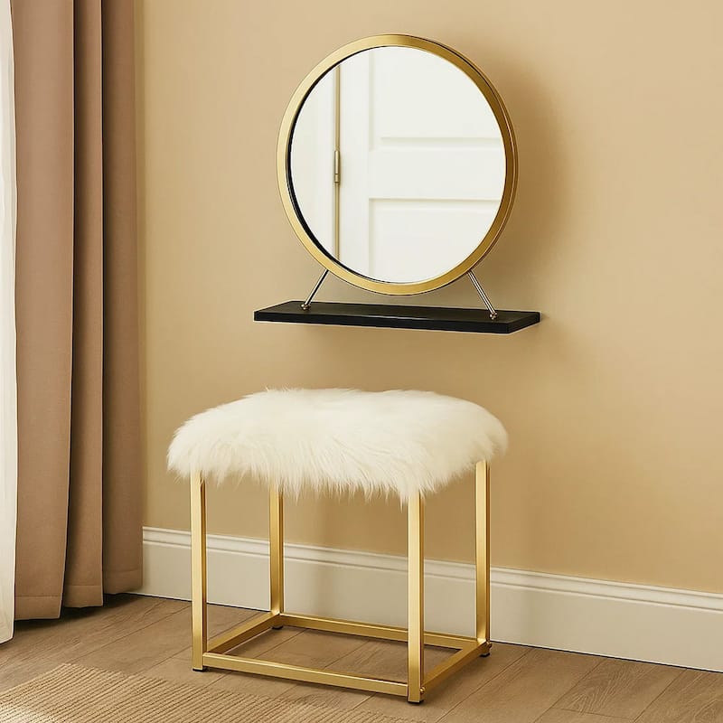 Rose Round Vanity Mirror with Stool, Faux Fur Seat, Brass, Black