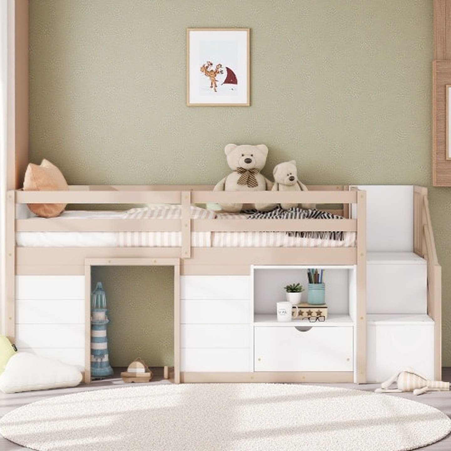 Twin Low Loft Bed with Staircase, Drawer, Shelf, and Playhouse Design - Solid Wood Construction