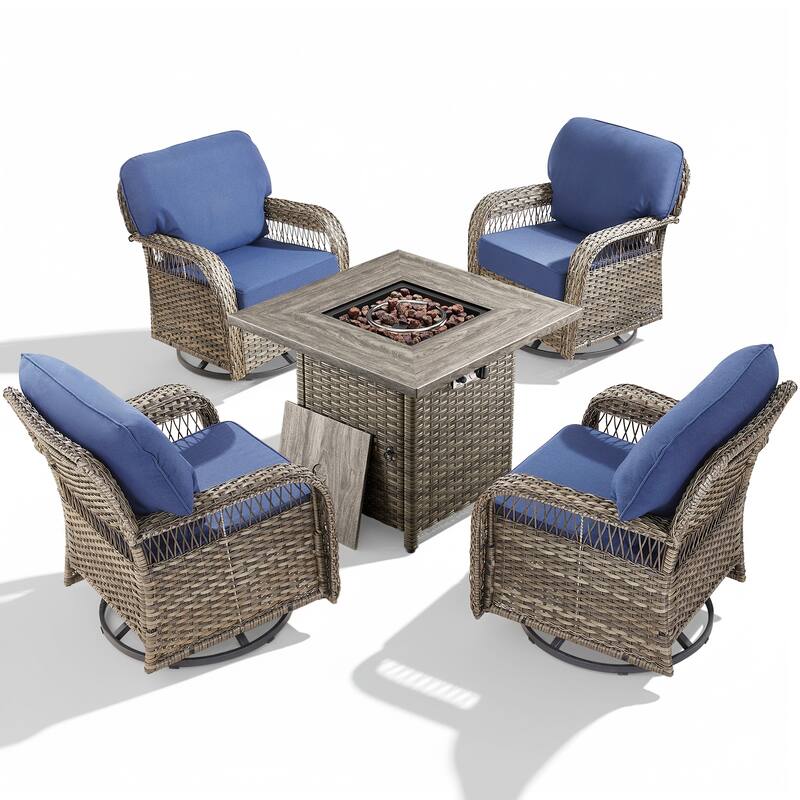 Pocassy Outdoor Sofa Ottoman Swivel Chair Table with Fire Table Funiture Set.