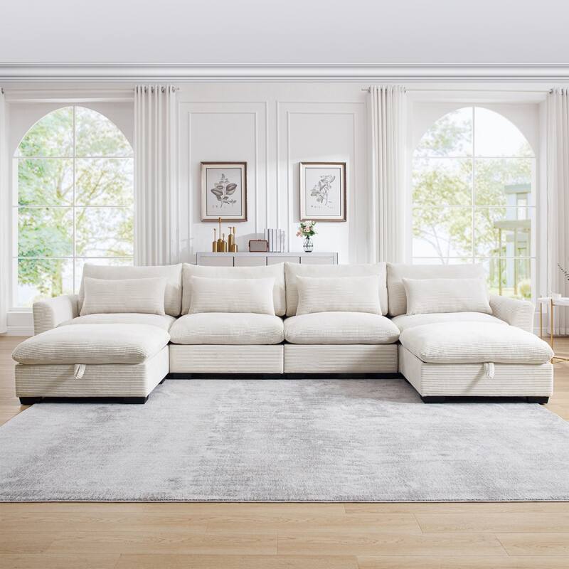 Corduroy Reversible Modular Sectional Sofa with 2 Storage Ottomans and 4 Waist Pillows - Beige