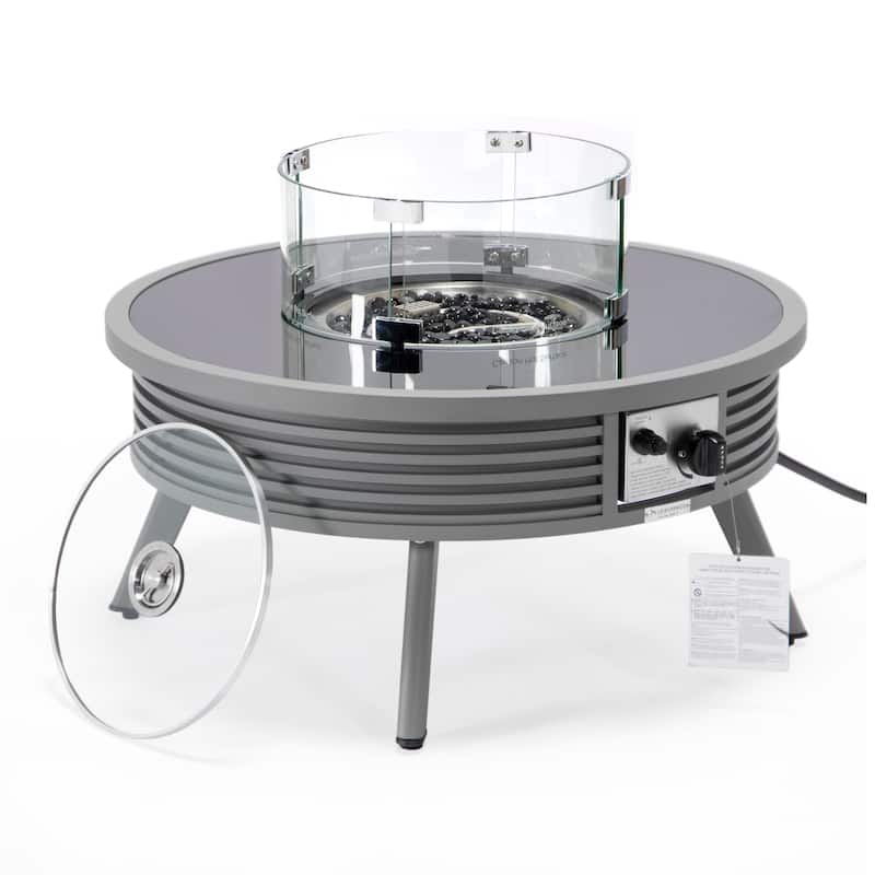 Walbrooke Modern Round Aluminum Frame Fire Pit Table with Powder-Coated Finish, CSA-Certified, and Tempered Glass - 29 - Grey
