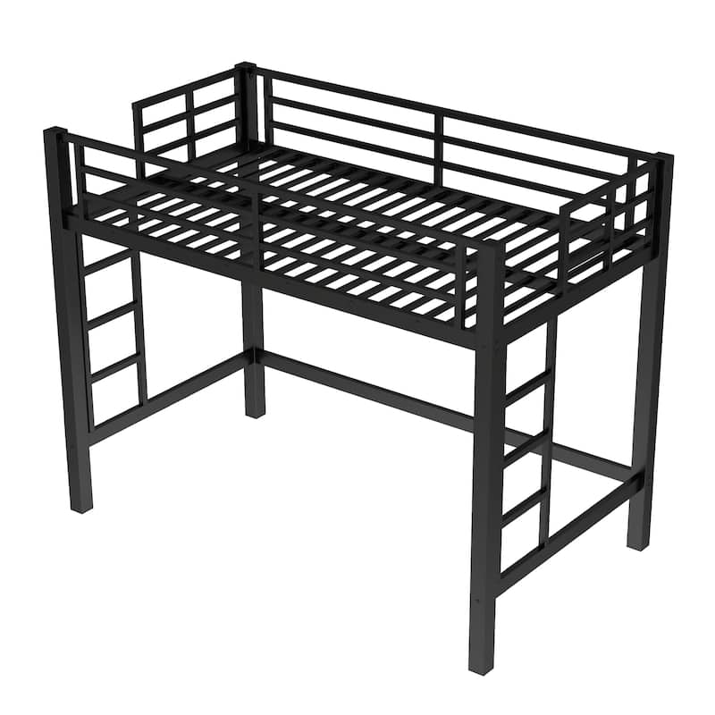 Roomfitters Metal Loft Bed with Dual Ladders, High Sleeper Frame with Under Bed Storage Space, Black