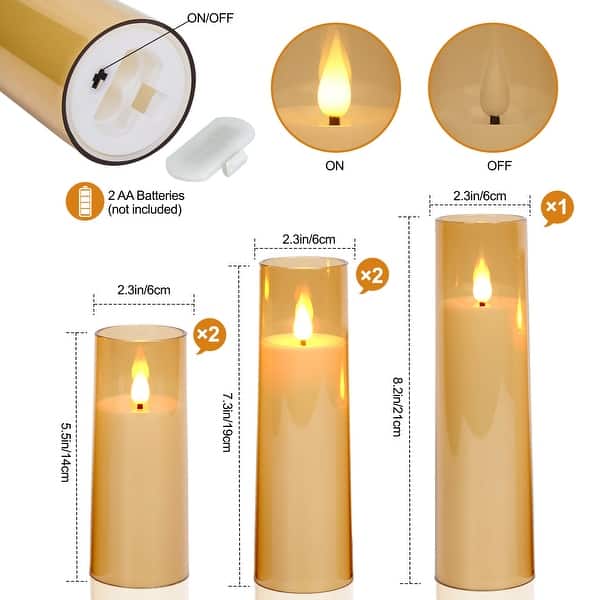 dimension image slide 0 of 3, Flickering Flameless Candles Acrylic Shell Pillar 3D Wick LED Candles with Timer for Wedding Christmas Home Decor Set of 5