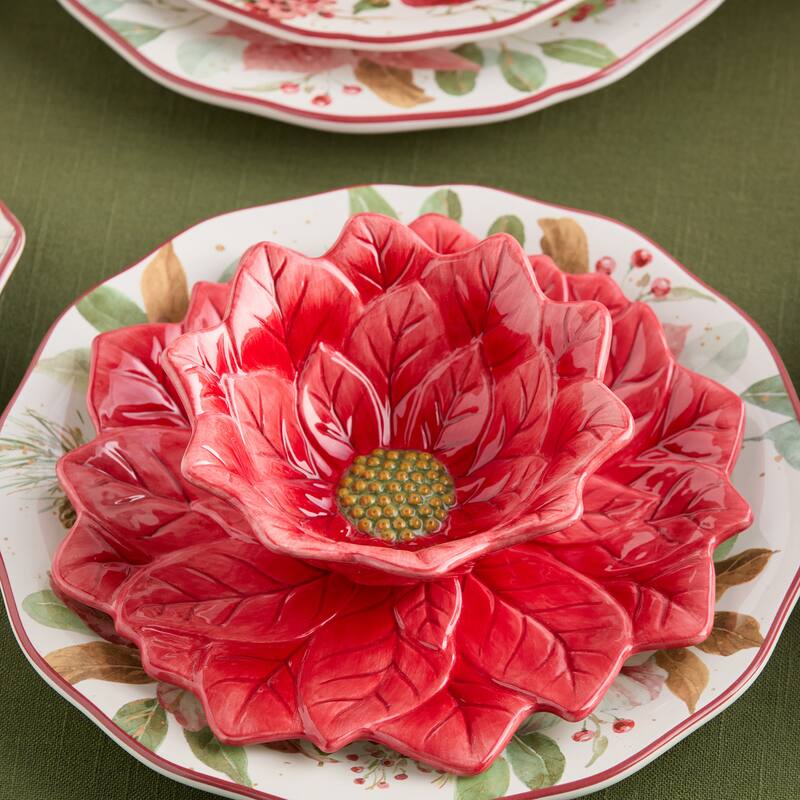 Certifed International Winter Blooms Set of 4 3-D Poinsettia Dessert/Salad Plates - 9 L x 9 W x 0.875 H