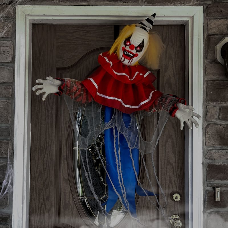 Haunted Hill Farm Wiggles the Animatronic Twisting, Talking Clown Greeter with Folding Door Hook for Scary Halloween Decoration