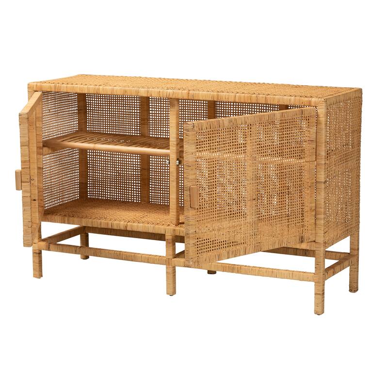 Vivan Modern Bohemian Natural Brown Rattan and Mahogany Wood Storage Cabinet