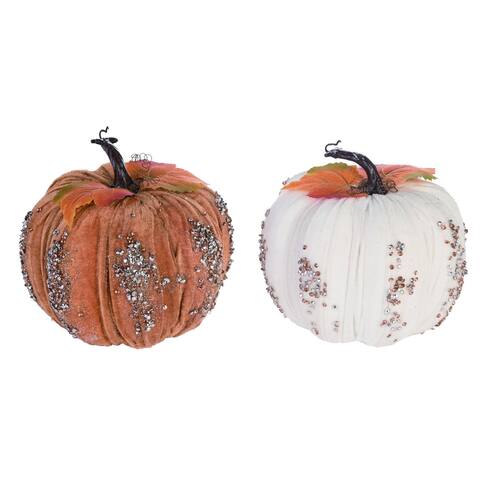 2 White Brown Elegant Glitz Pumpkin Thanksgiving Tabletop Decors 8"